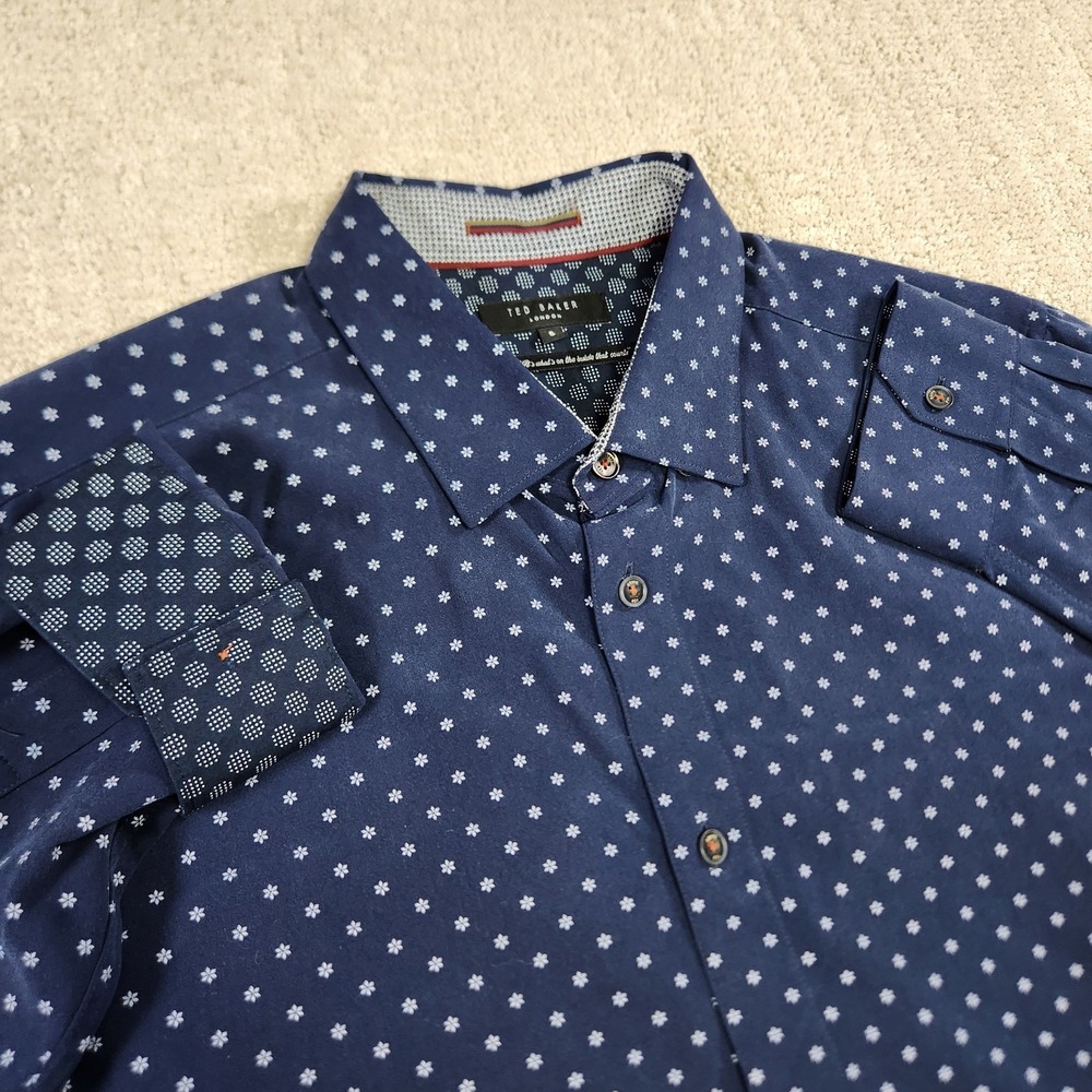 Ted Baker Shirt Men 5 Geometric Button Down Flip Cuff Blue London Snowflake AOP